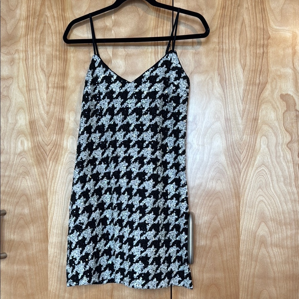 Black and White Houndstooth Sequin Slip Dress